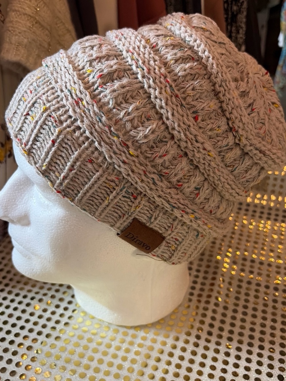 Cream Speckled Knit Beanie with Branded Leather Tag